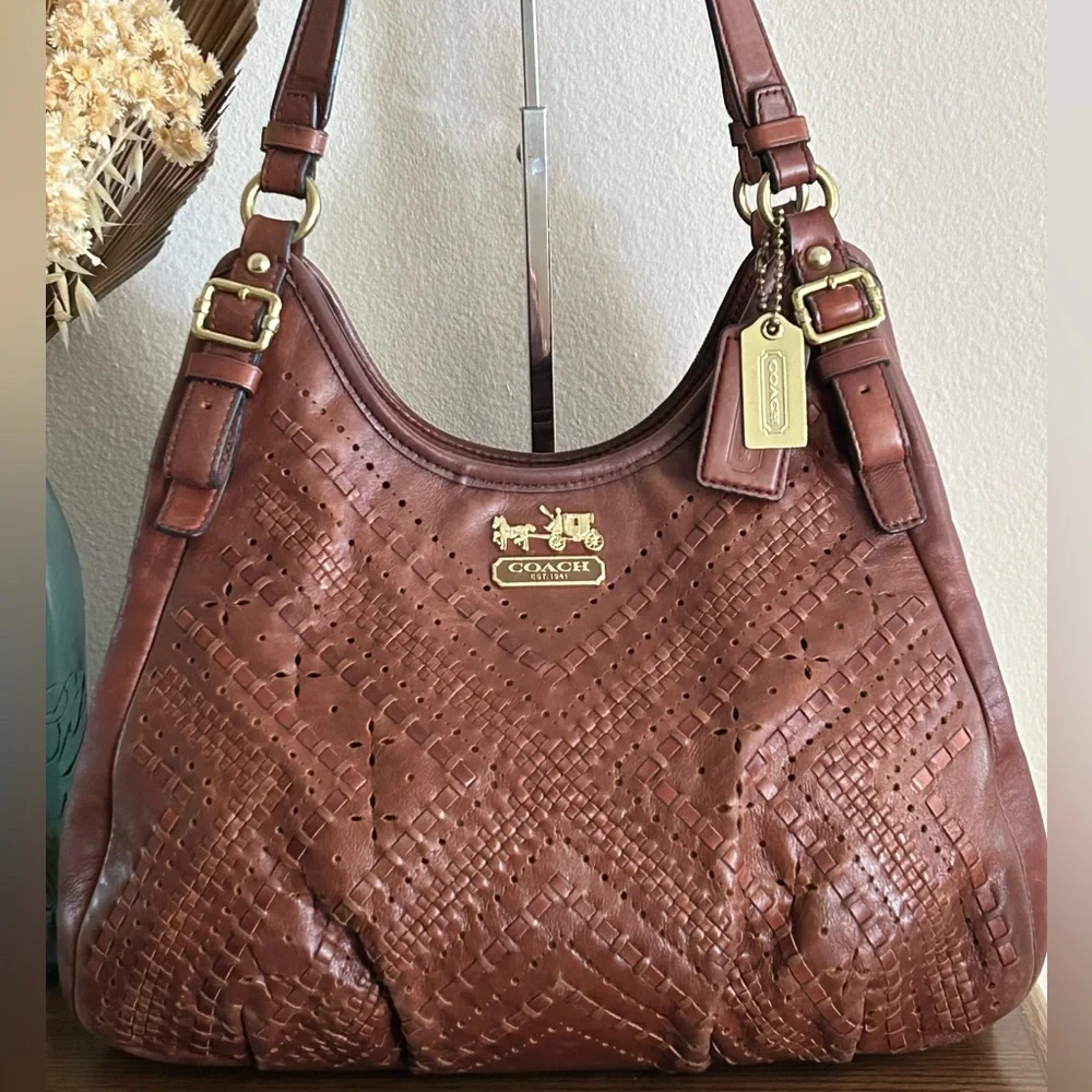 COACH Madison Maggie Eyelet & Weave Leather Hobo Bag